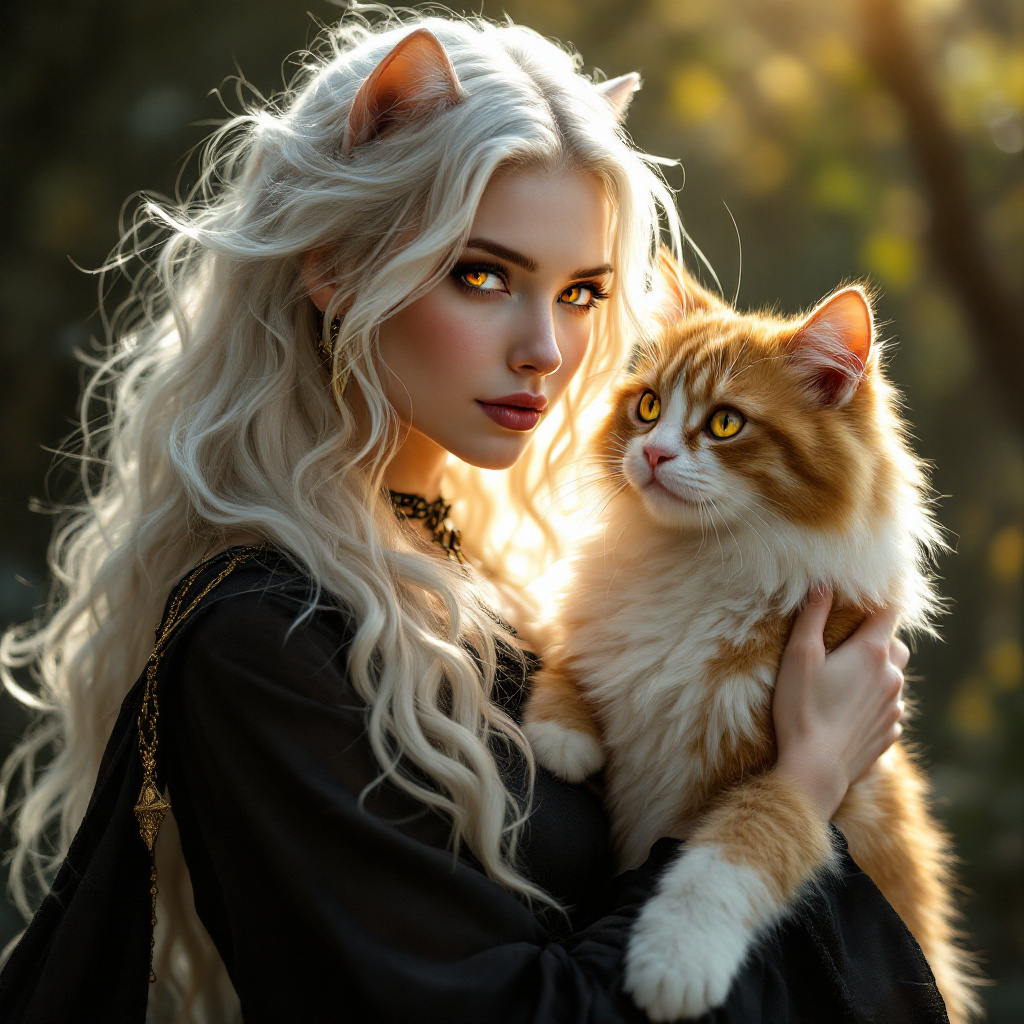 FLUX prompt: Photographic portrait of a female white cat witch,...