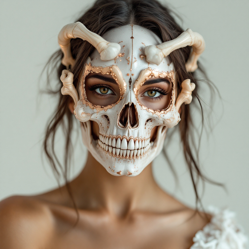 FLUX prompt: photo portrait of a woman wearing a skull and bone...