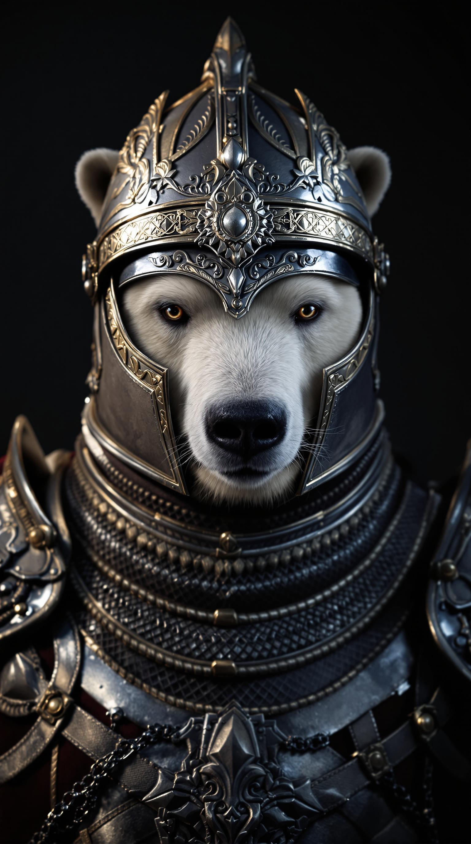 FLUX prompt: polar bear knight wearing helmet, portrait, finely...
