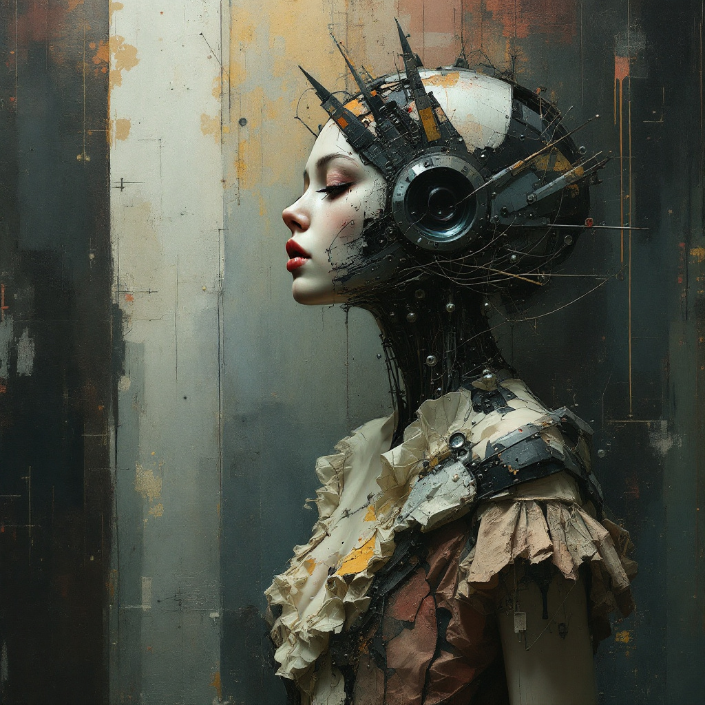 FLUX prompt: Mixed media artwork + Emotional cyborg girl + Eleg...