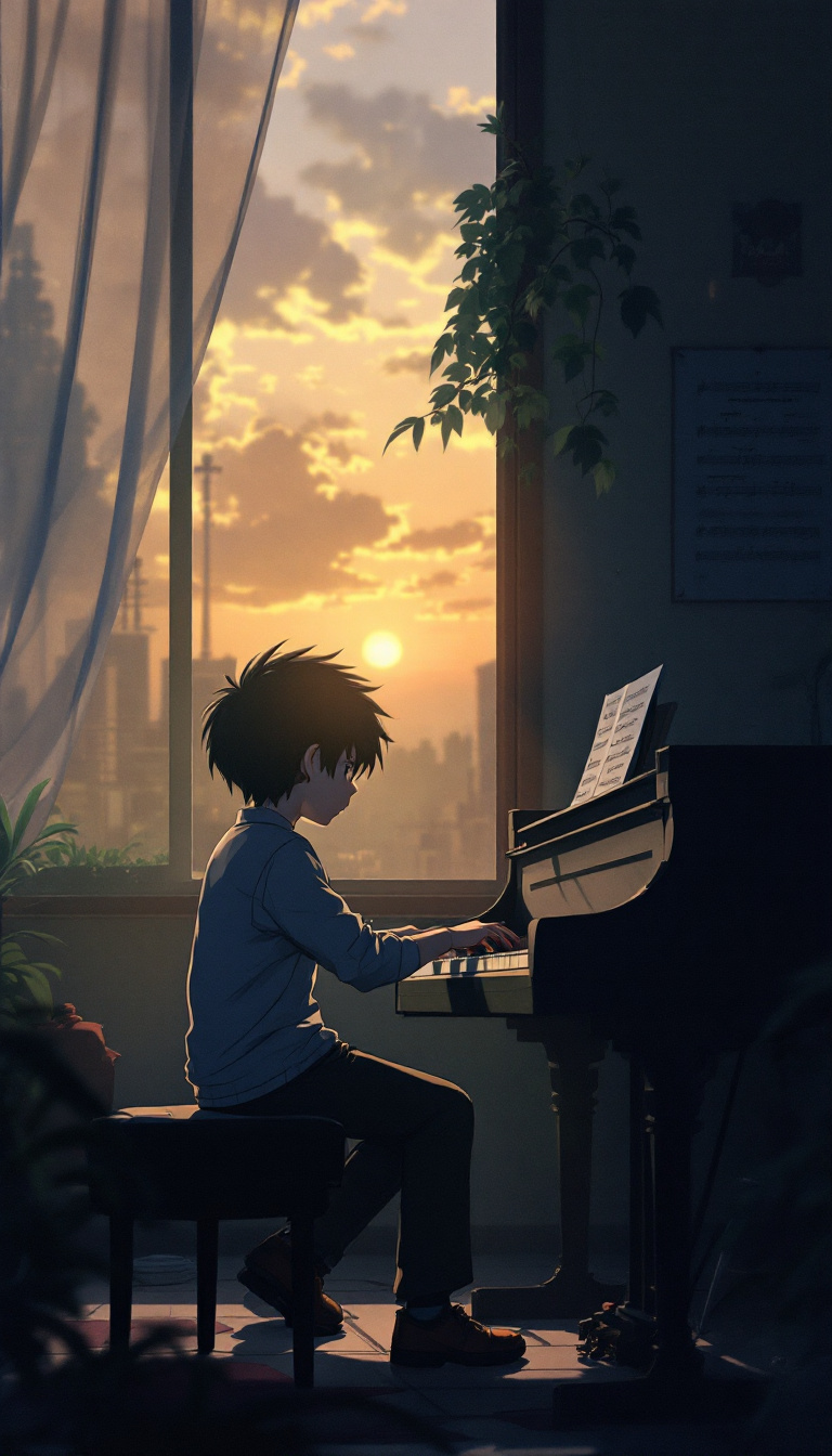 FLUX prompt: anime, boy, introvert, piano, academia, dark acade...