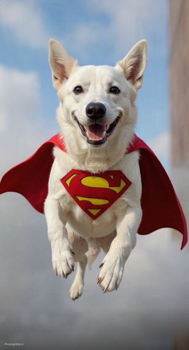 Flux Kontext  prompt: white dog like the reference, flying happy like a