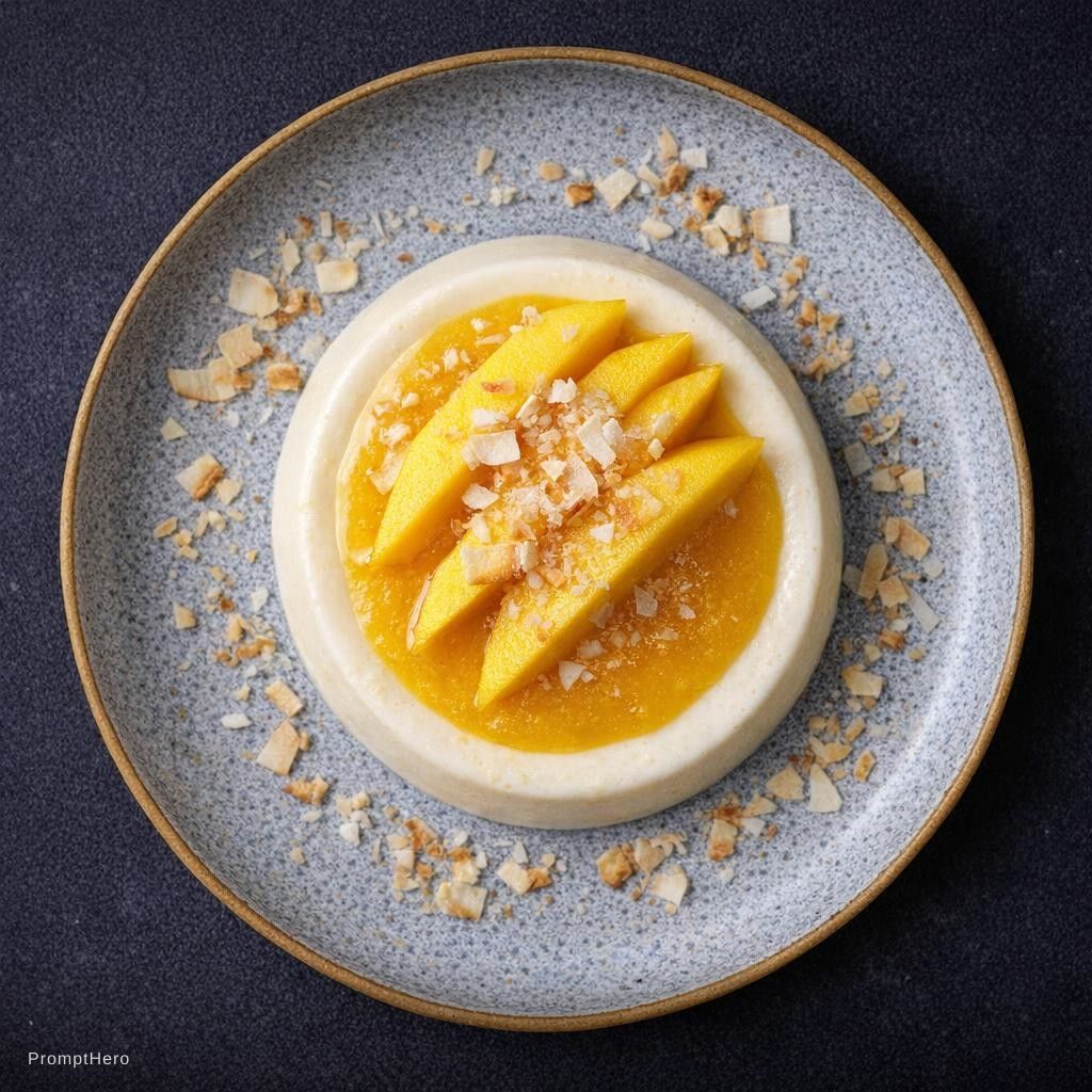 Hero prompt: top-view capture of an exquisite mango and coconut...