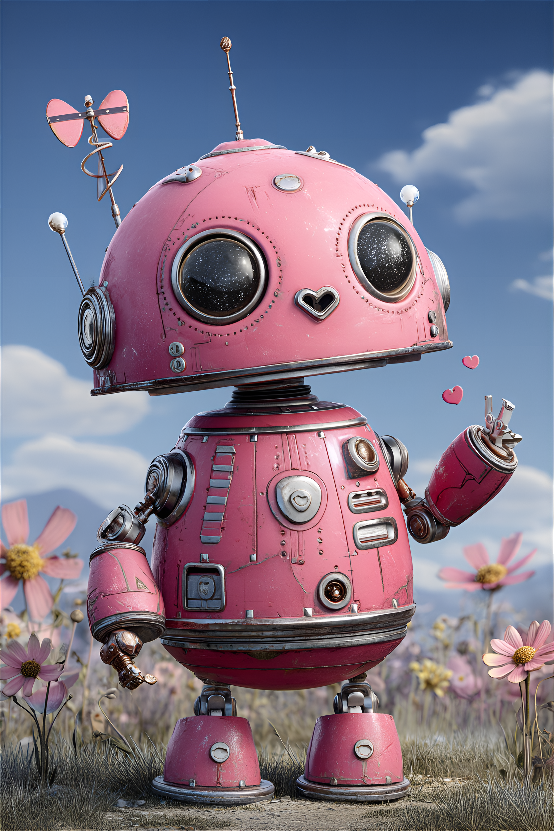 Midjourney prompt: funny caricature, cheerful robot, 2 years old, cut...