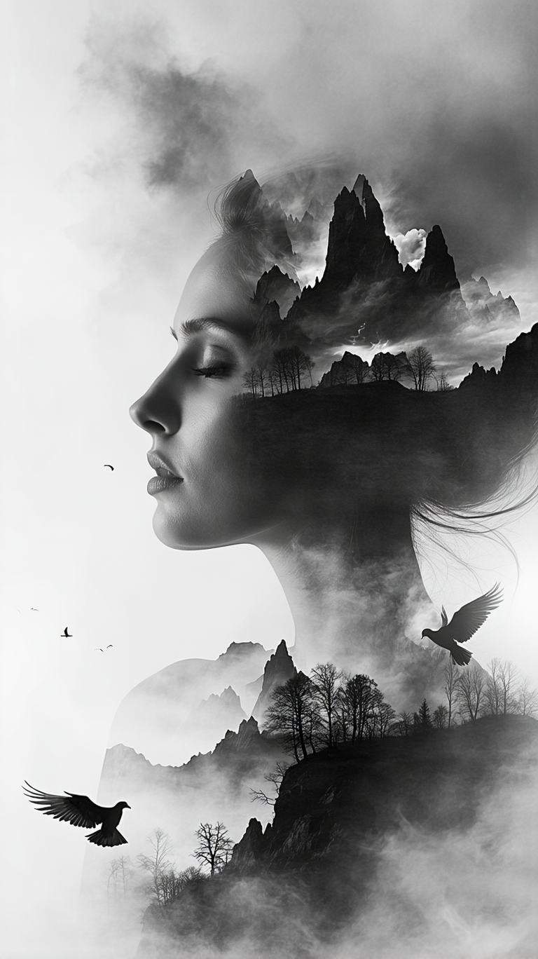 Stable Diffusion prompt: Double exposure black and white photography of a w...