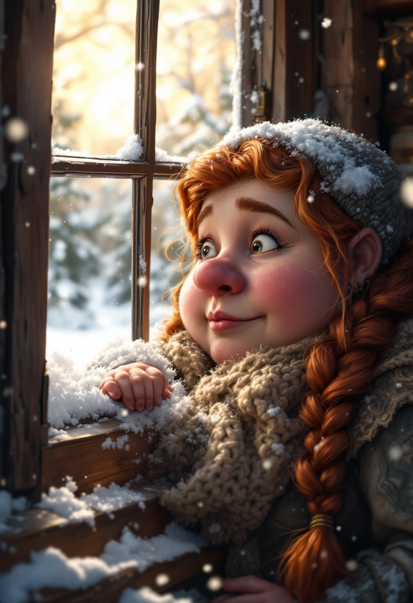FLUX prompt: A cute hearty chubby dwarven woman at her home loo...