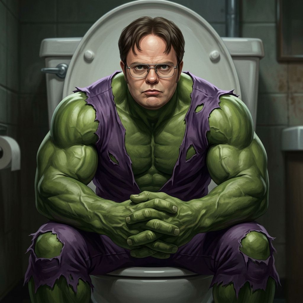 Hero prompt: Dwight Schrute as Hulk, Hulk costume, Dwight Schru...