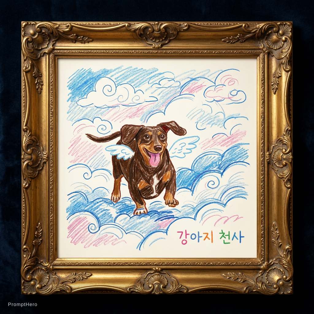 Nano Banana prompt: 이 강아지가 천사 날개를 달고 구름 위를 달리는 모습을 어린이가 크레파스, 색연필을 이용해...
