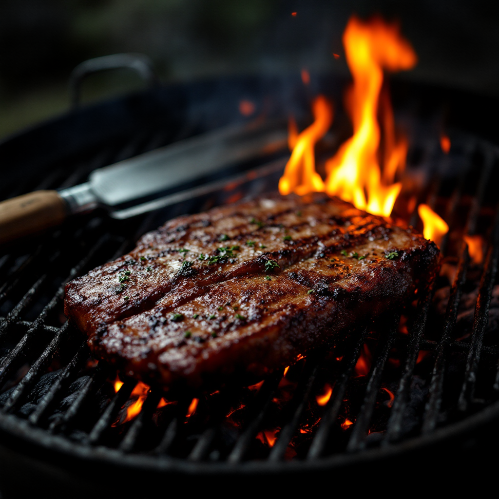 FLUX prompt: Darker Photography of grill with grill tools on it...