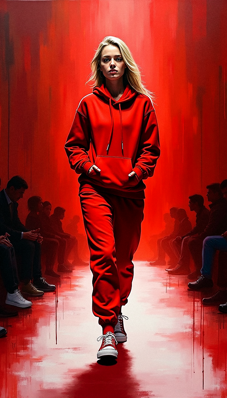 FLUX prompt: Woman walking down a runway in red hoodie and swea...
