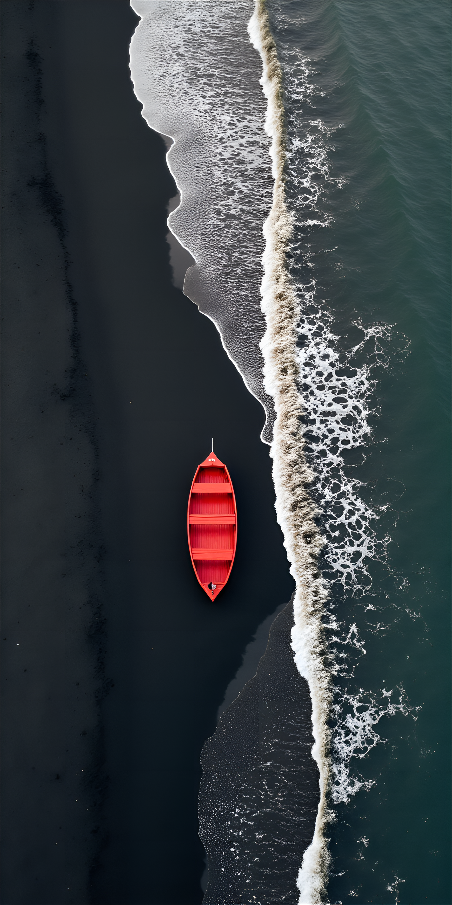 FLUX prompt: small, red wooden boat rests on a dark, volcanic b...