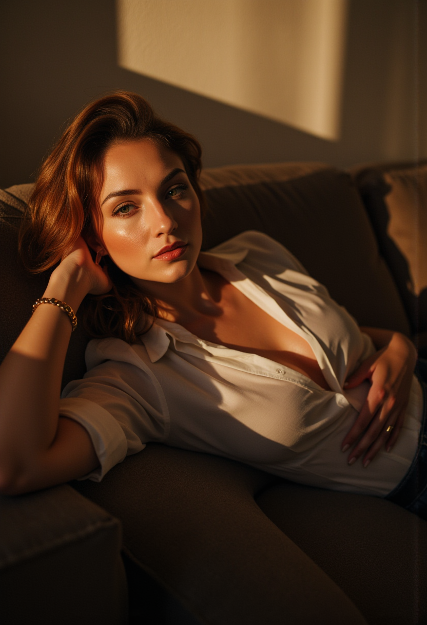 FLUX prompt: A woman reclines languidly on a plush sofa in her ...