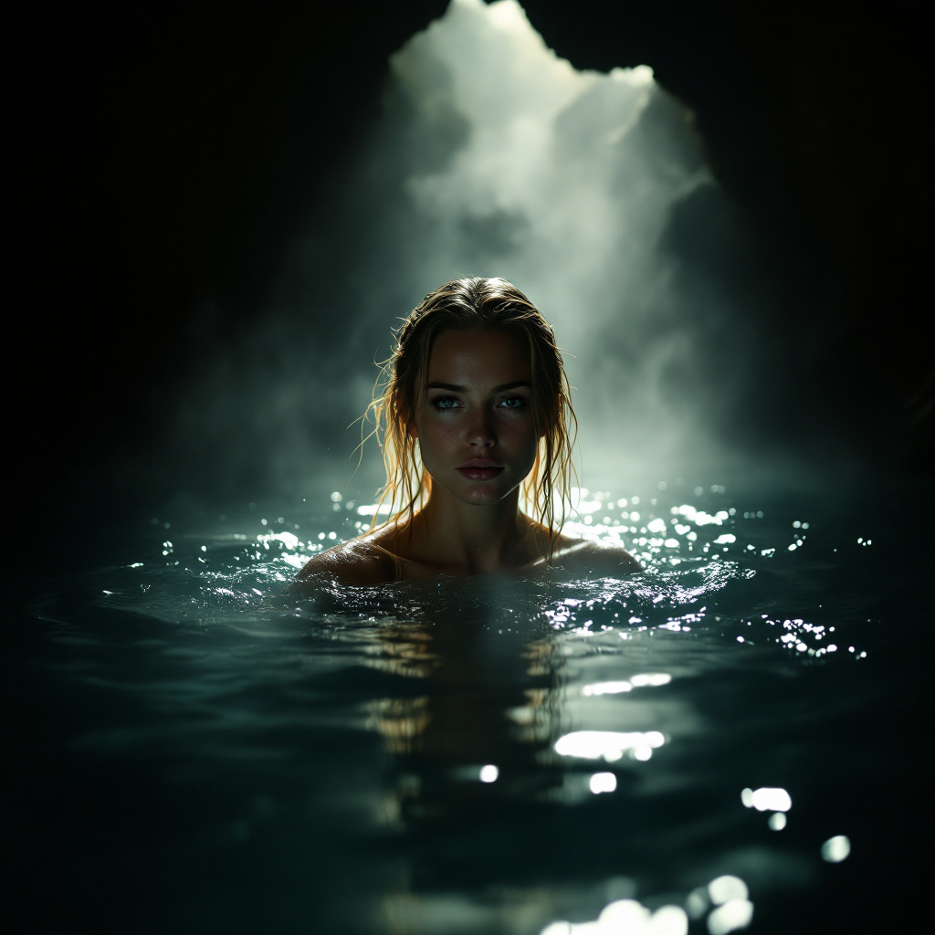FLUX prompt: hot spring inside a dimly lit cave, steam rises fr...
