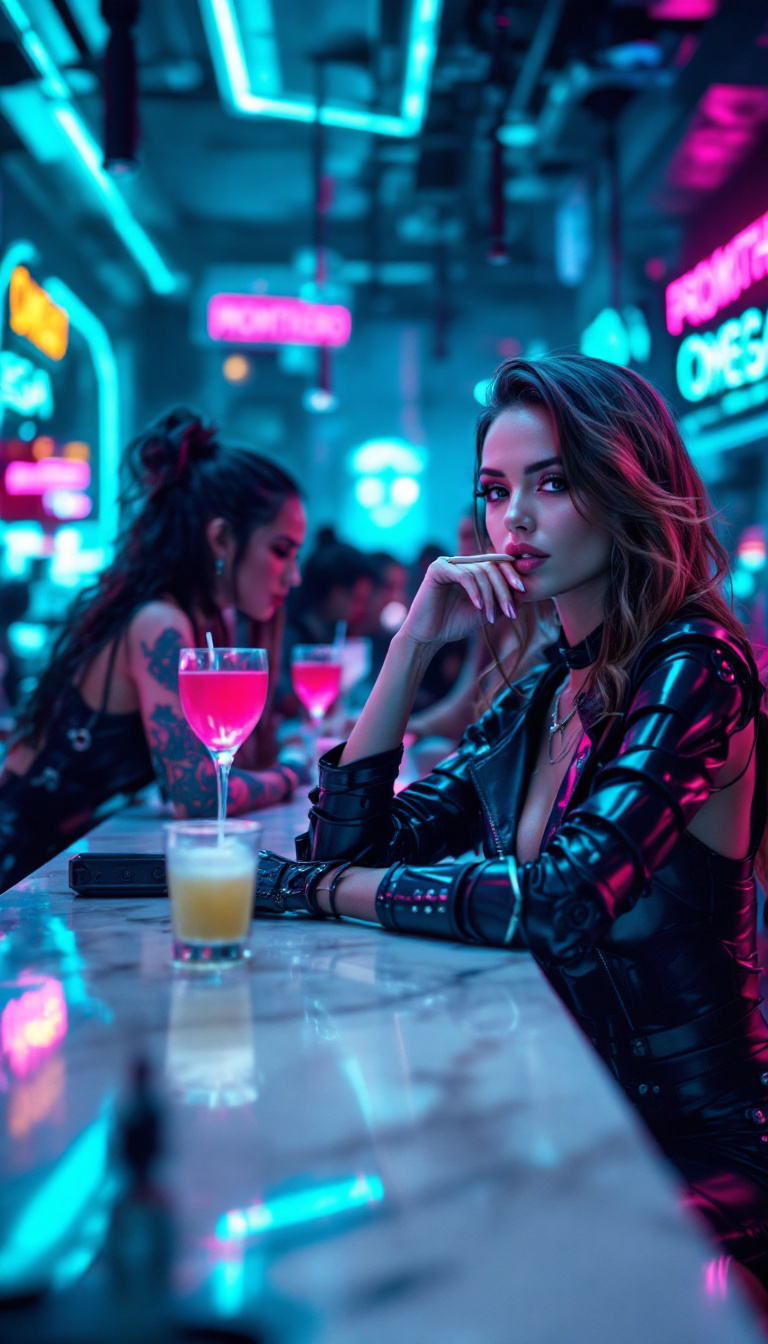 FLUX prompt: Several beautiful women are sitting at the counter...