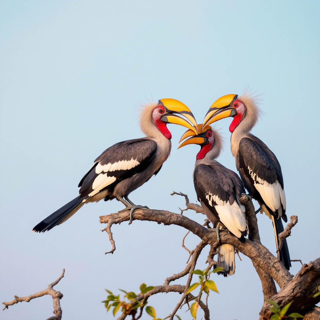 FLUX prompt: hornbills perching early in the morning near fruit...