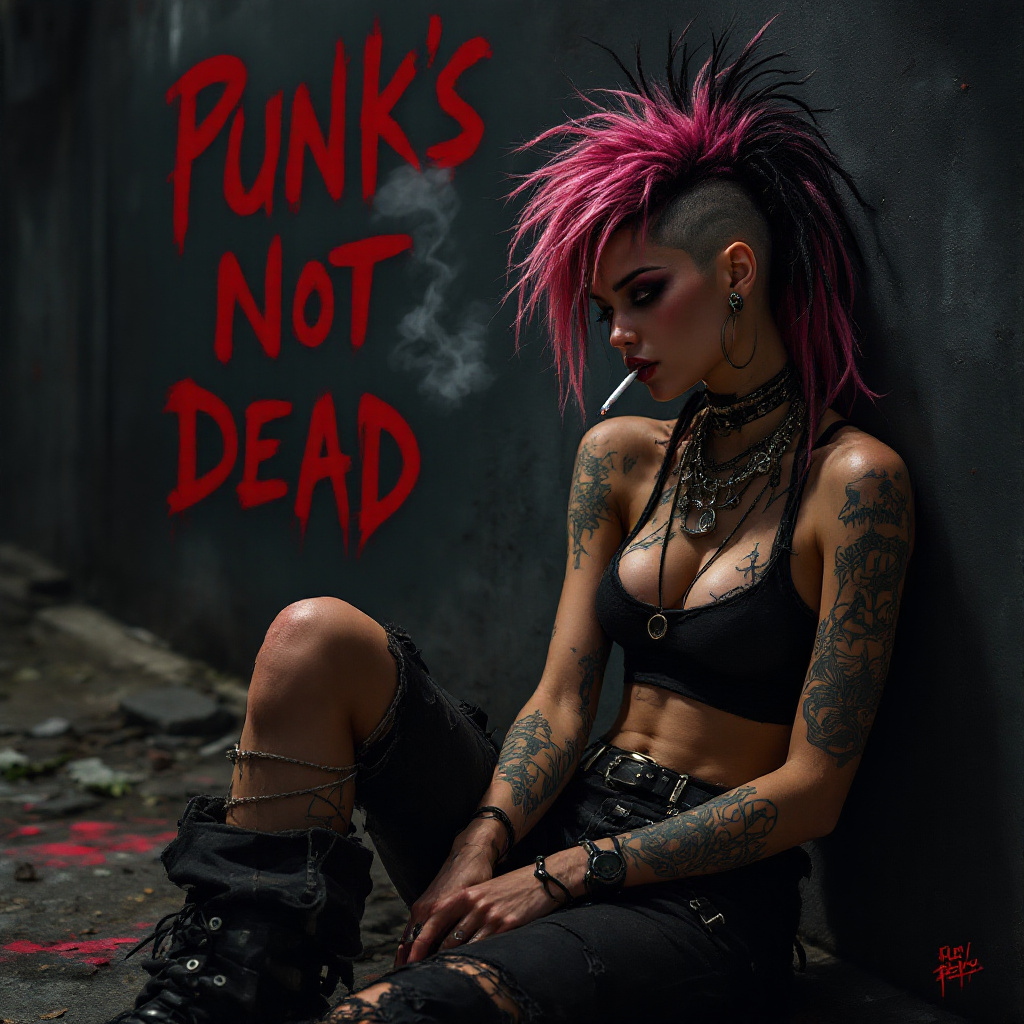FLUX prompt:  a slender punk female sitting reclined against th...