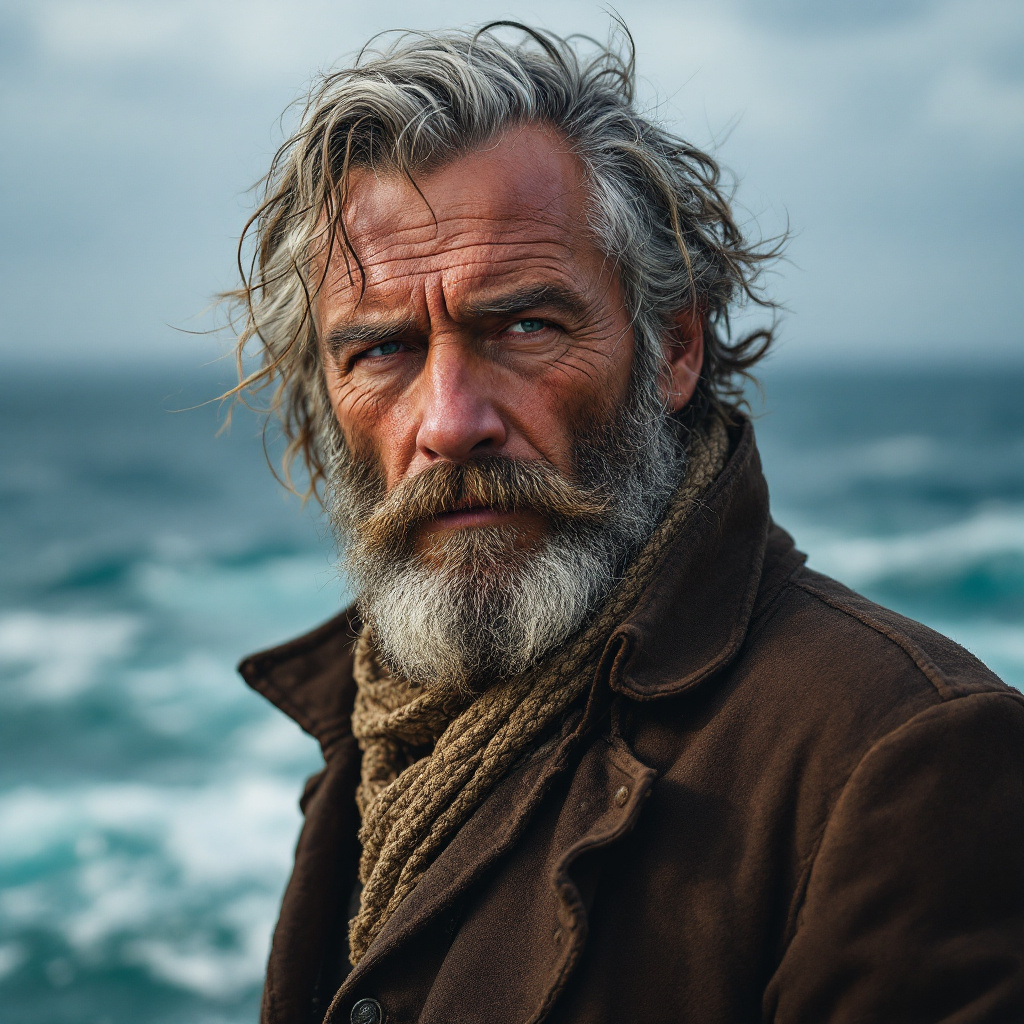 FLUX prompt: a rugged man from the sea but very well dressed