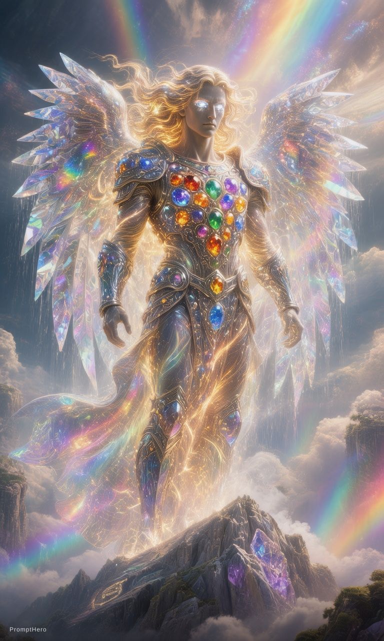 Hunyuan  prompt: The angel stands upon the jagged peak of a celesti...