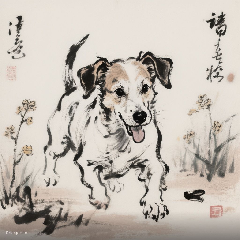Hero prompt: Picture a dog portrayed with the artistic essence ...