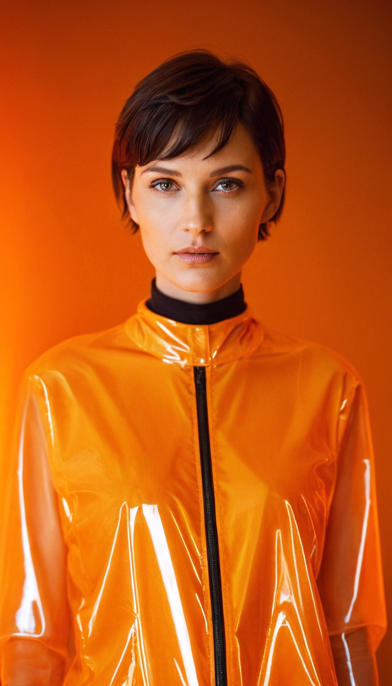 Stable Diffusion prompt: dark haired woman is standing in front of orange l...