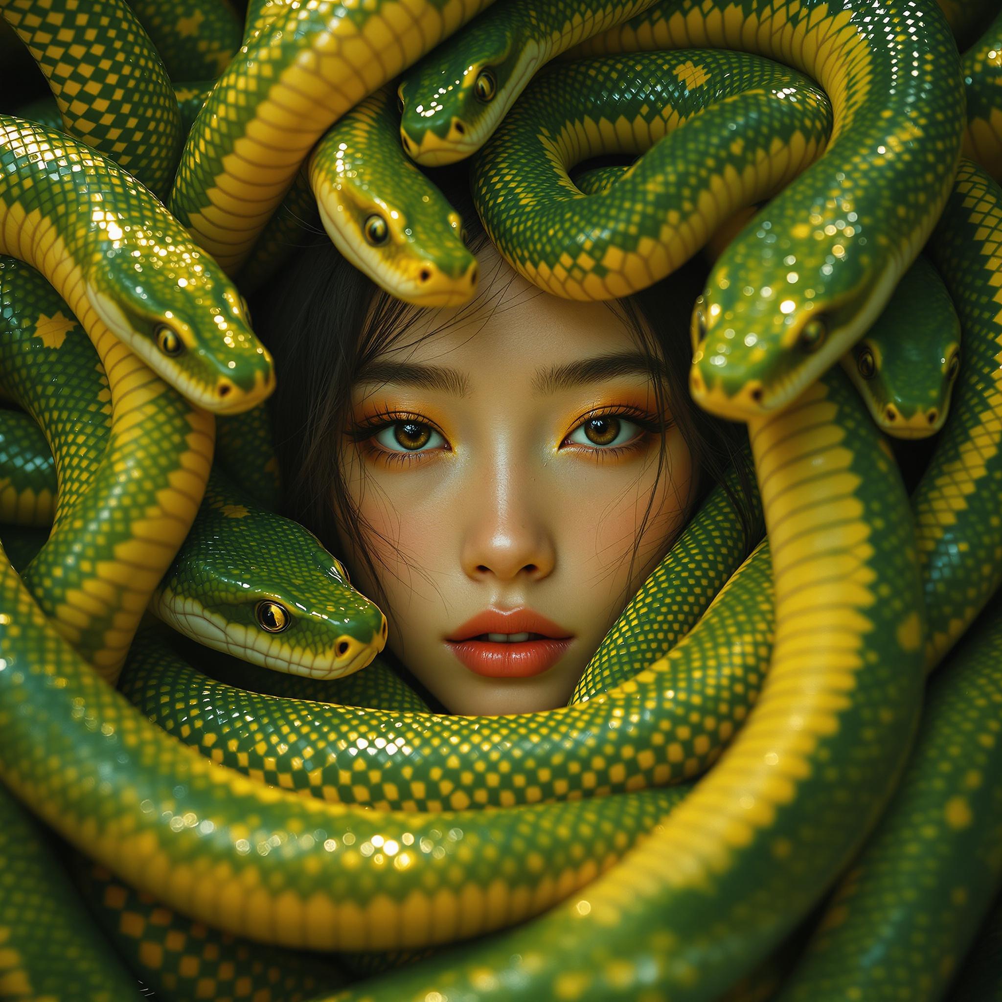 FLUX prompt: a girl's face in the middle of many green and yell...
