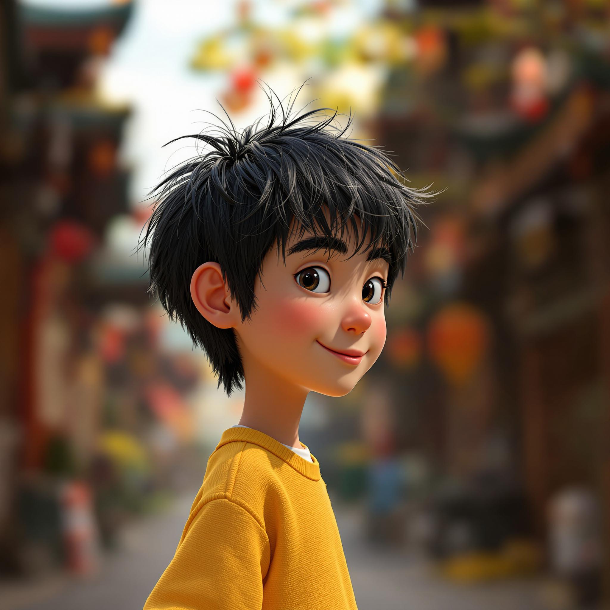 FLUX prompt: A Chinese boy with black hair and yellow shirt, re...