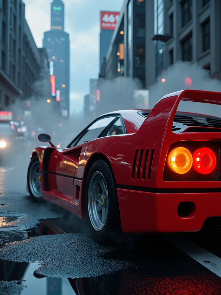 FLUX prompt: A hyperrealistic, cinematic shot of a Ferrari F40 ...
