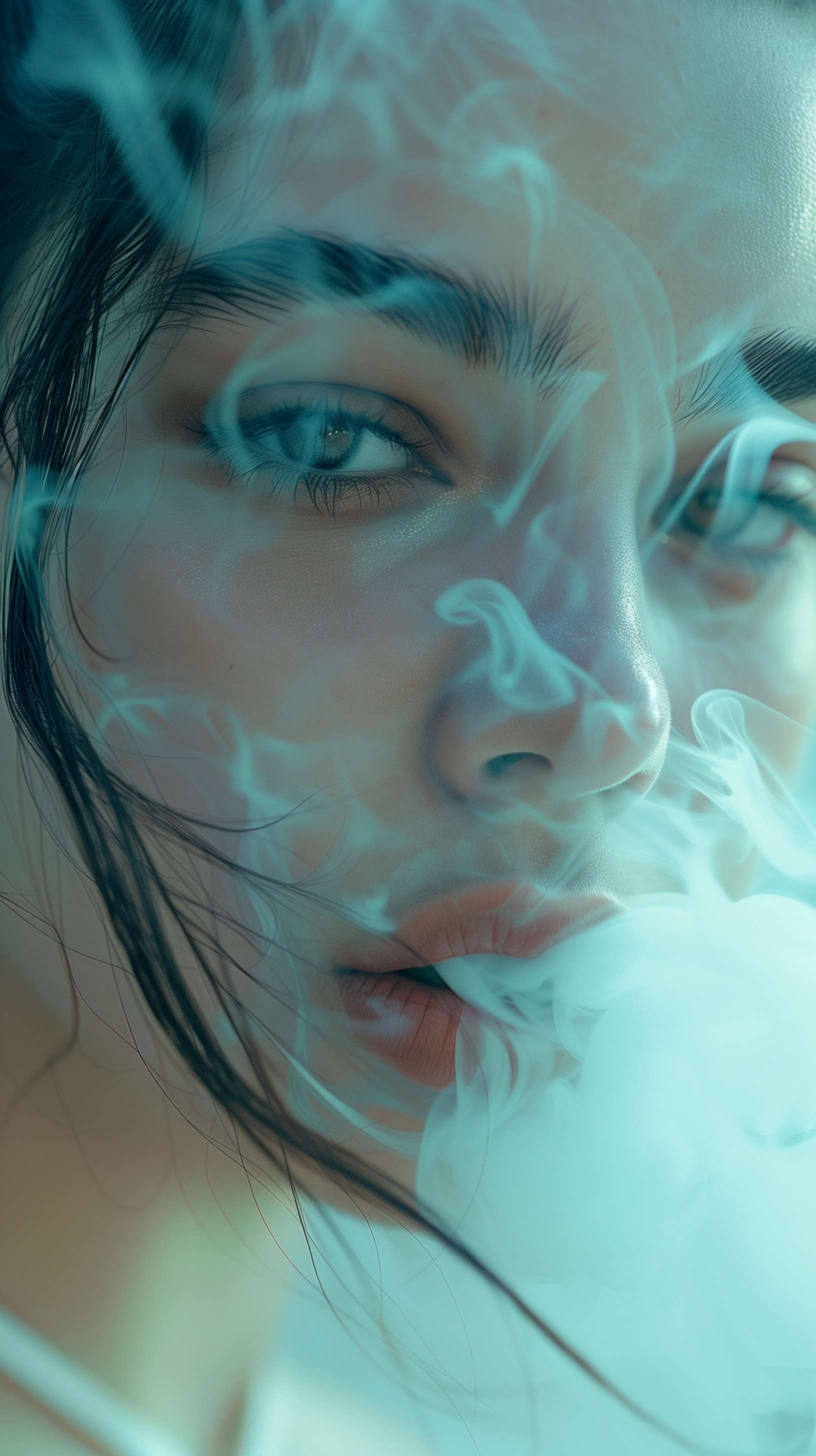 Midjourney prompt: close-up of a young woman with pale blue smoke cur...