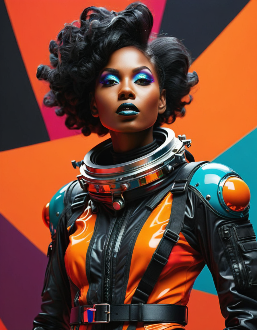 FLUX prompt: avant-garde black spacewoman , vibrant color palet...