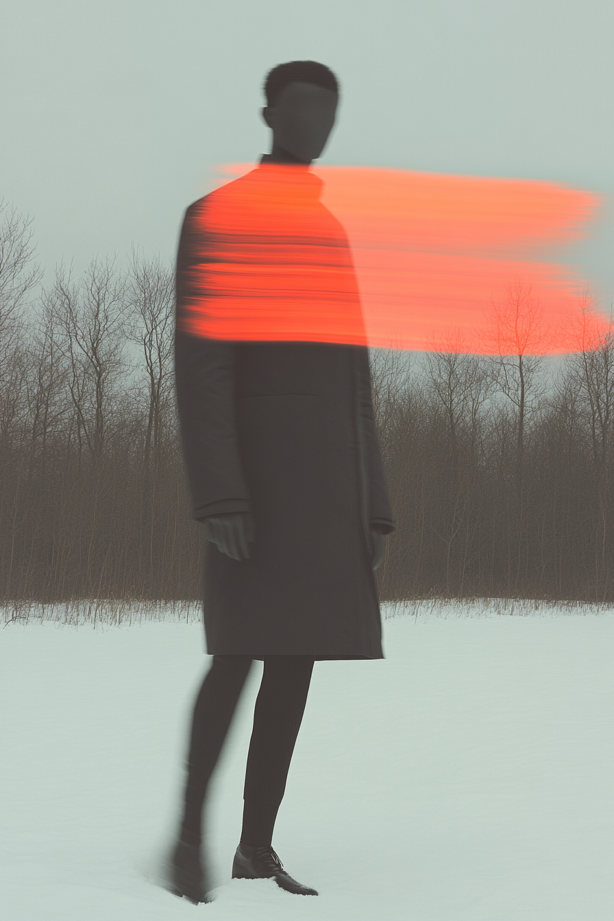 Midjourney prompt: blurry image of snowy winter puffer jacket fashion...