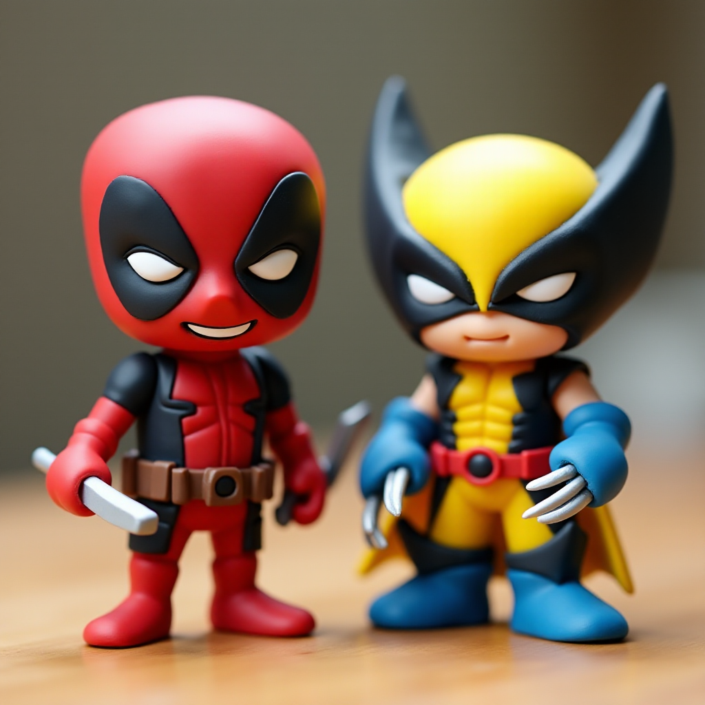 FLUX prompt: Two plasticine figures of Deadpool and Wolverine, ...