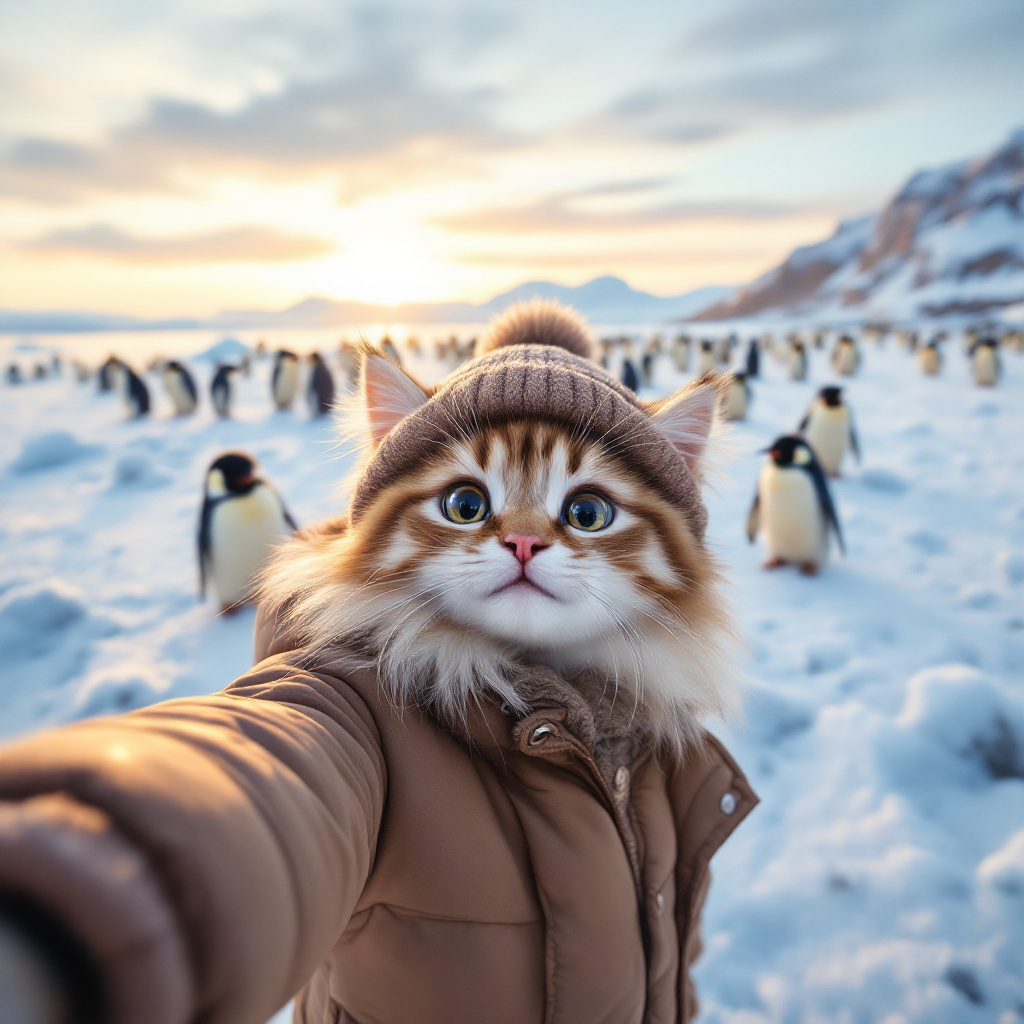 FLUX prompt: In the snow, there is an ice field with many pengu...