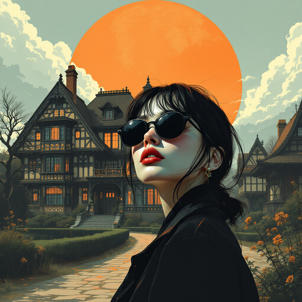 FLUX prompt: a woman with sunglasses beside an old-fashioned ma...