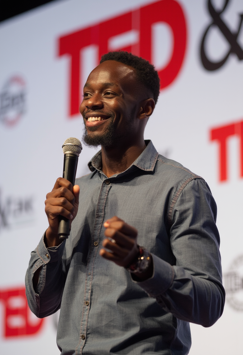 FLUX prompt: close up of a joung African man smiling while spea...
