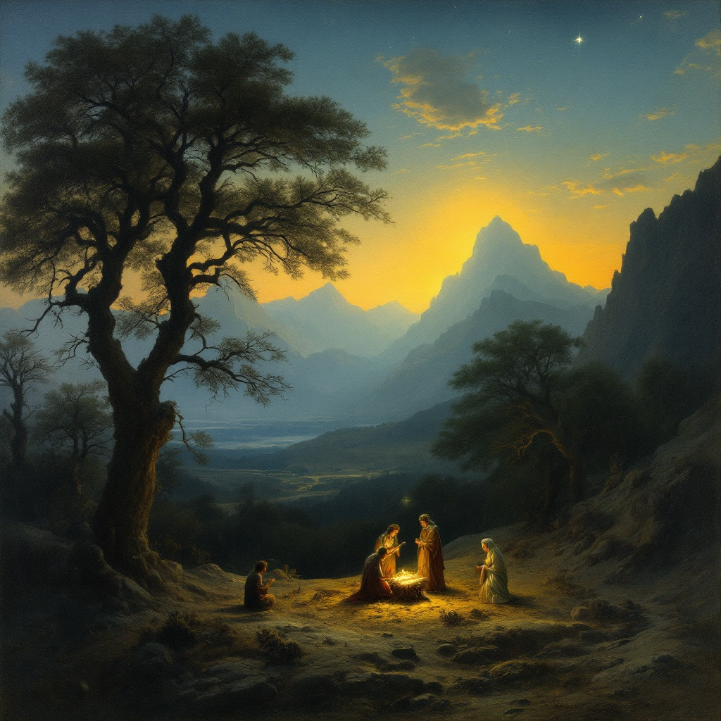 FLUX prompt: A nativity scene painted by Caspar David Friedrich...