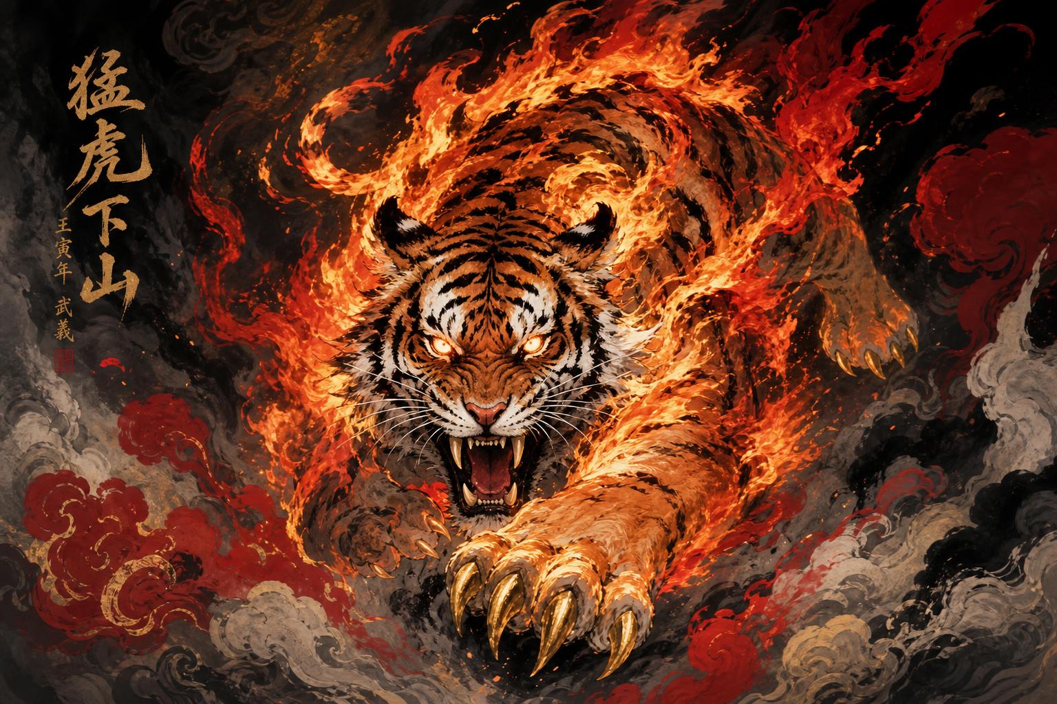 ChatGPT Image prompt: Chinese ink wash art style, a ferocious tiger with...