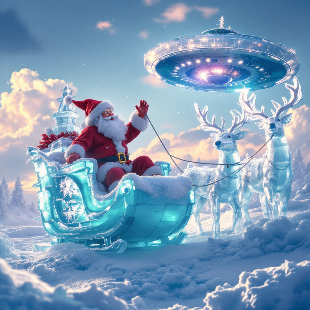 FLUX prompt: Ice fairytale sculptures of Santa in an ice sleig...