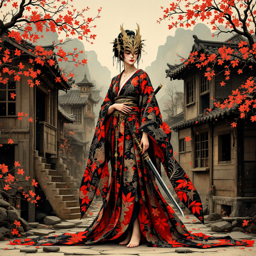 FLUX prompt: Full body view of a geisha-ninja fusion, set in a ...