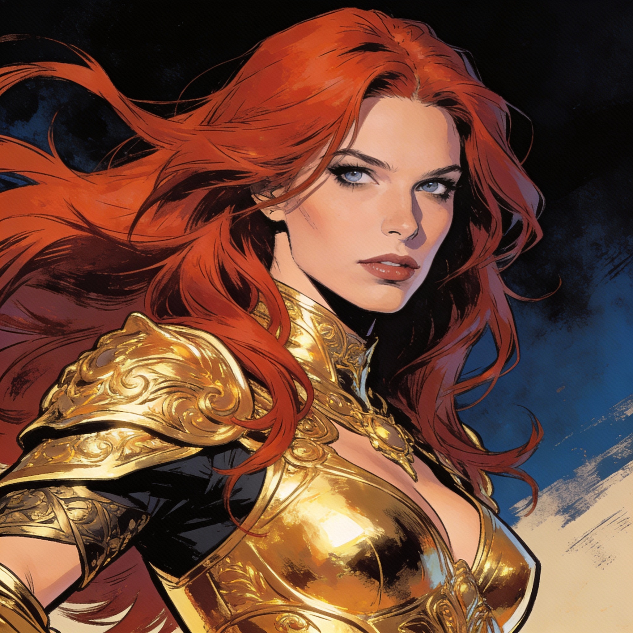 Seedream 4 prompt: a woman with long red hair in a gold painting, in ...