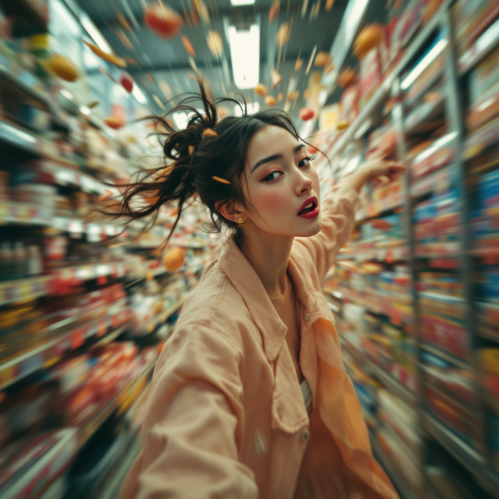 FLUX prompt: a woman speeding down the aisle of a supermarket, ...