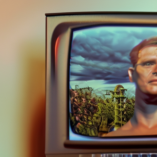 Stable Diffusion prompt: Photo of a man who has a tv set for a head, dramat...