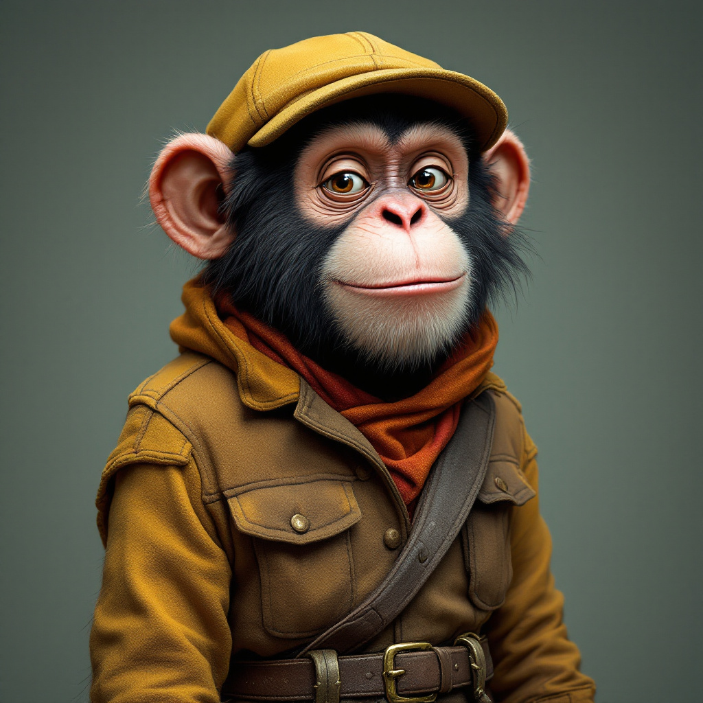 FLUX prompt: monkey character with human form, fun, mature, abo...