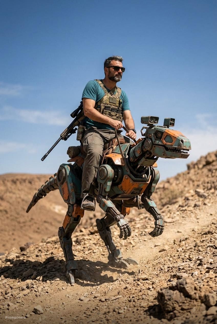 Hero prompt: A lone desert scout riding a robotic reptile-like ...