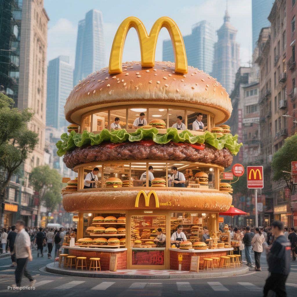 Hero prompt: A realistic giant hamburger-shaped multi-level pop...