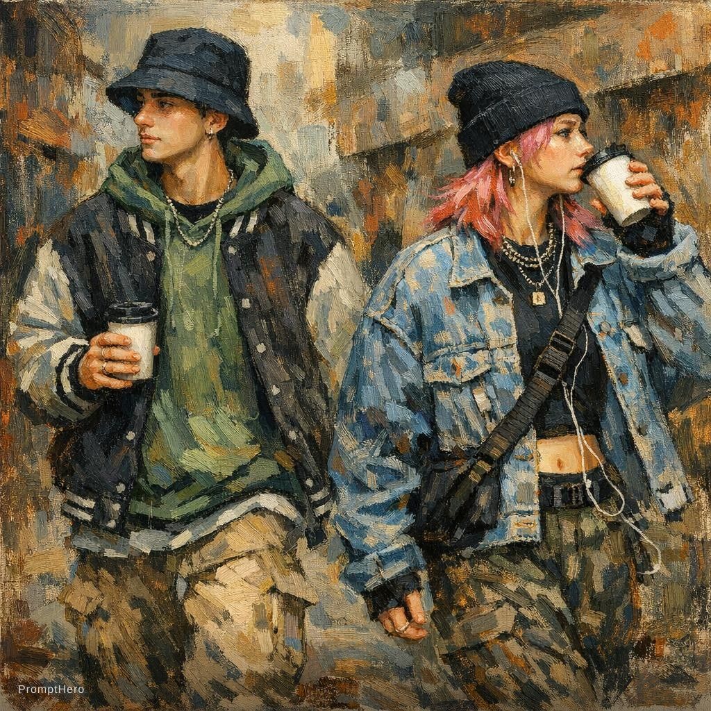 Hero prompt: Gen z man and woman , walking in different directi...