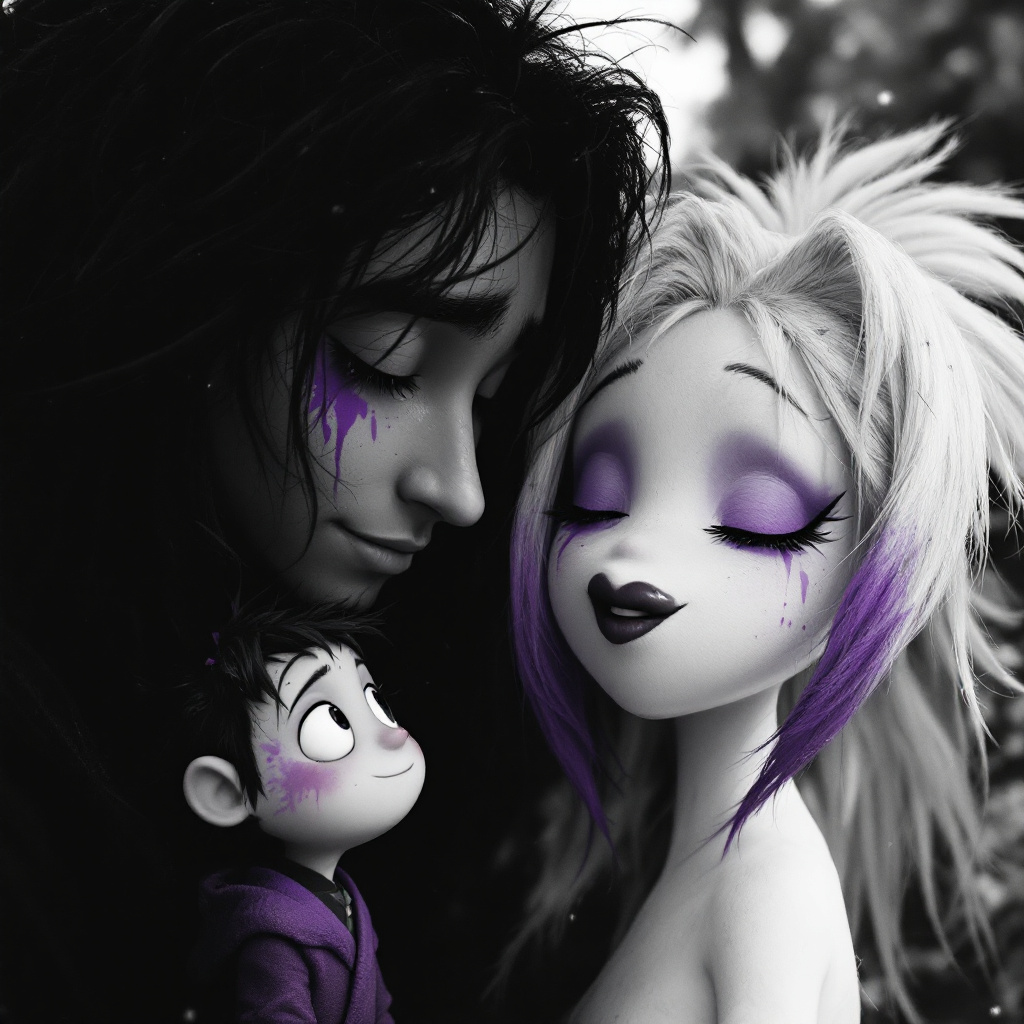 FLUX prompt: black and white with purple touches of a few chara...