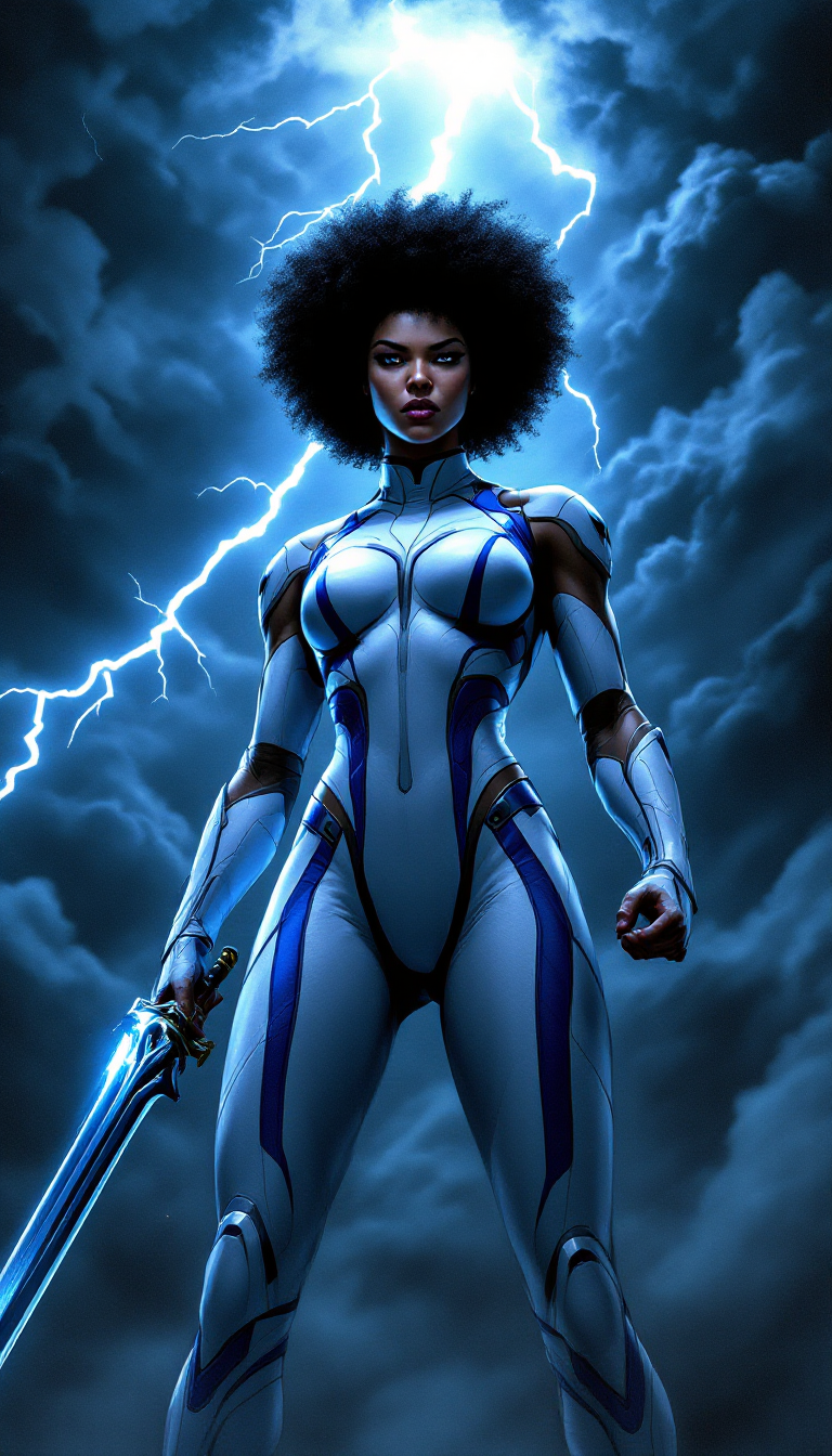 FLUX prompt: The image shows a female superhero standing in fro...