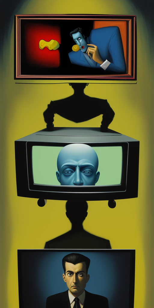DreamShaper prompt: a surrealist painting of a man who has a televisio...