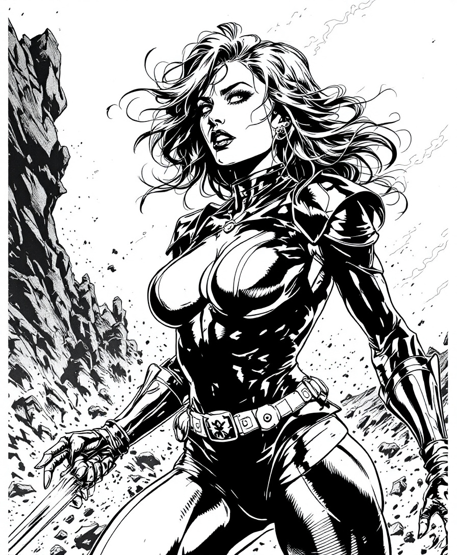 FLUX prompt: female in 90s Top Cow comic style, dynamic pose, i...