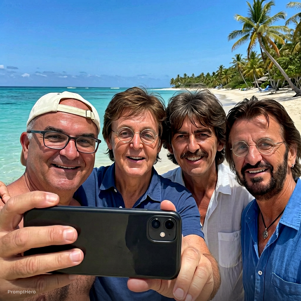 Nano Banana prompt: with the beatles at a tropical beach, sunny day, b...